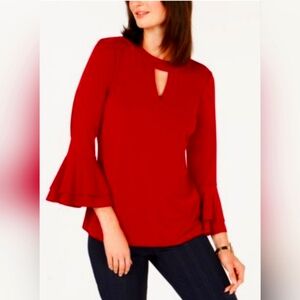 Charter Club V neck key hole long tiered ruffle bell sleeves holiday red top XXL